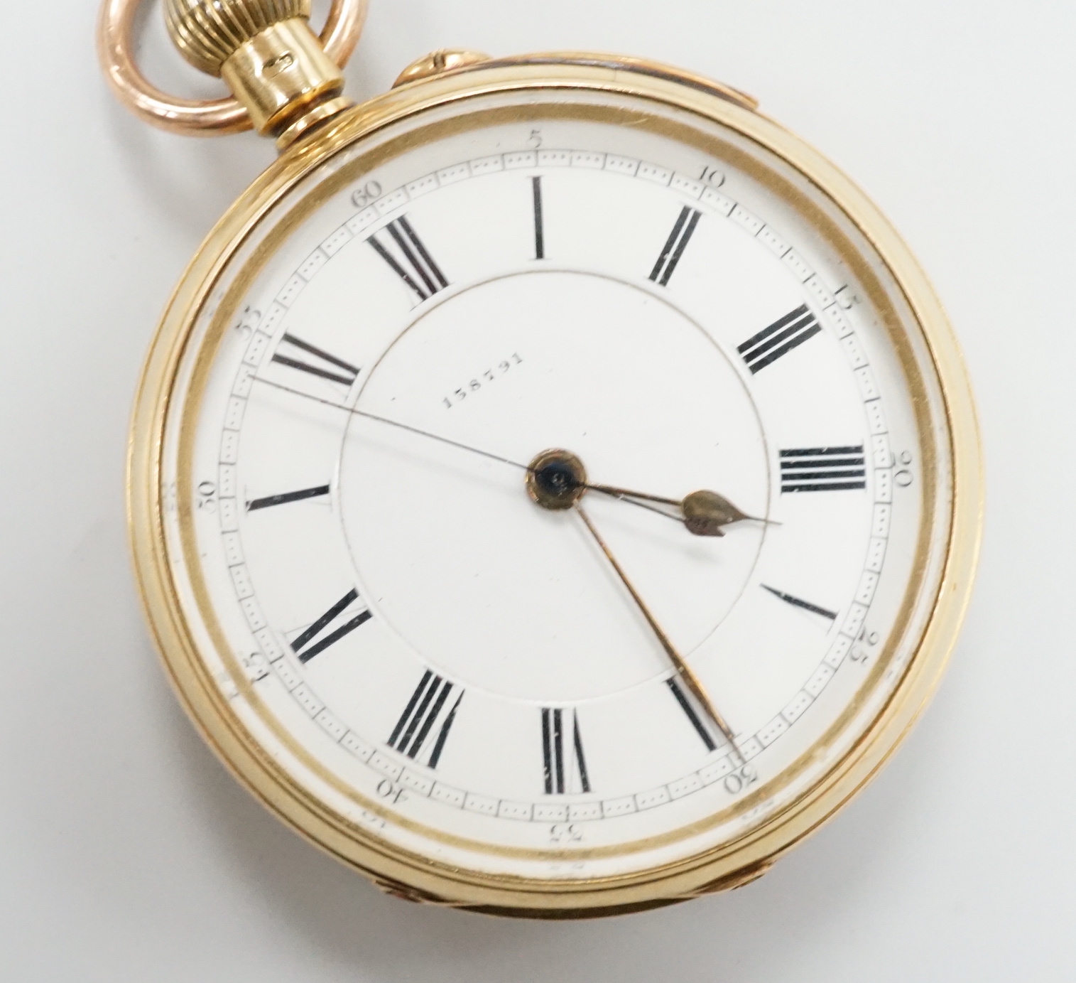 A late Victorian 18ct gold open faced chronograph keyless pocket watch, with Roman dial, the three quarter plate movement numbered 138791, case diameter 52mm
